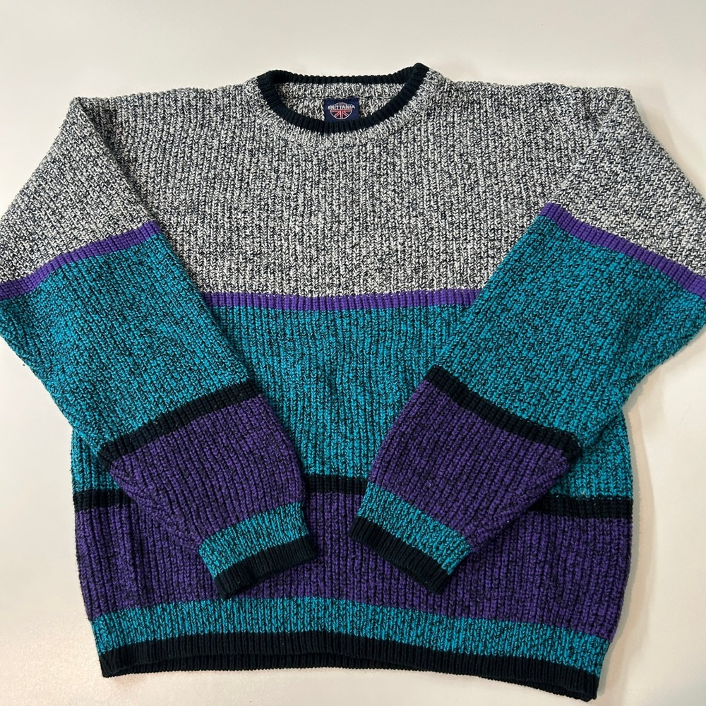 Vintage Brittania Mens Colorblock Marled Knit Sweater Teal Purple Gray Medium